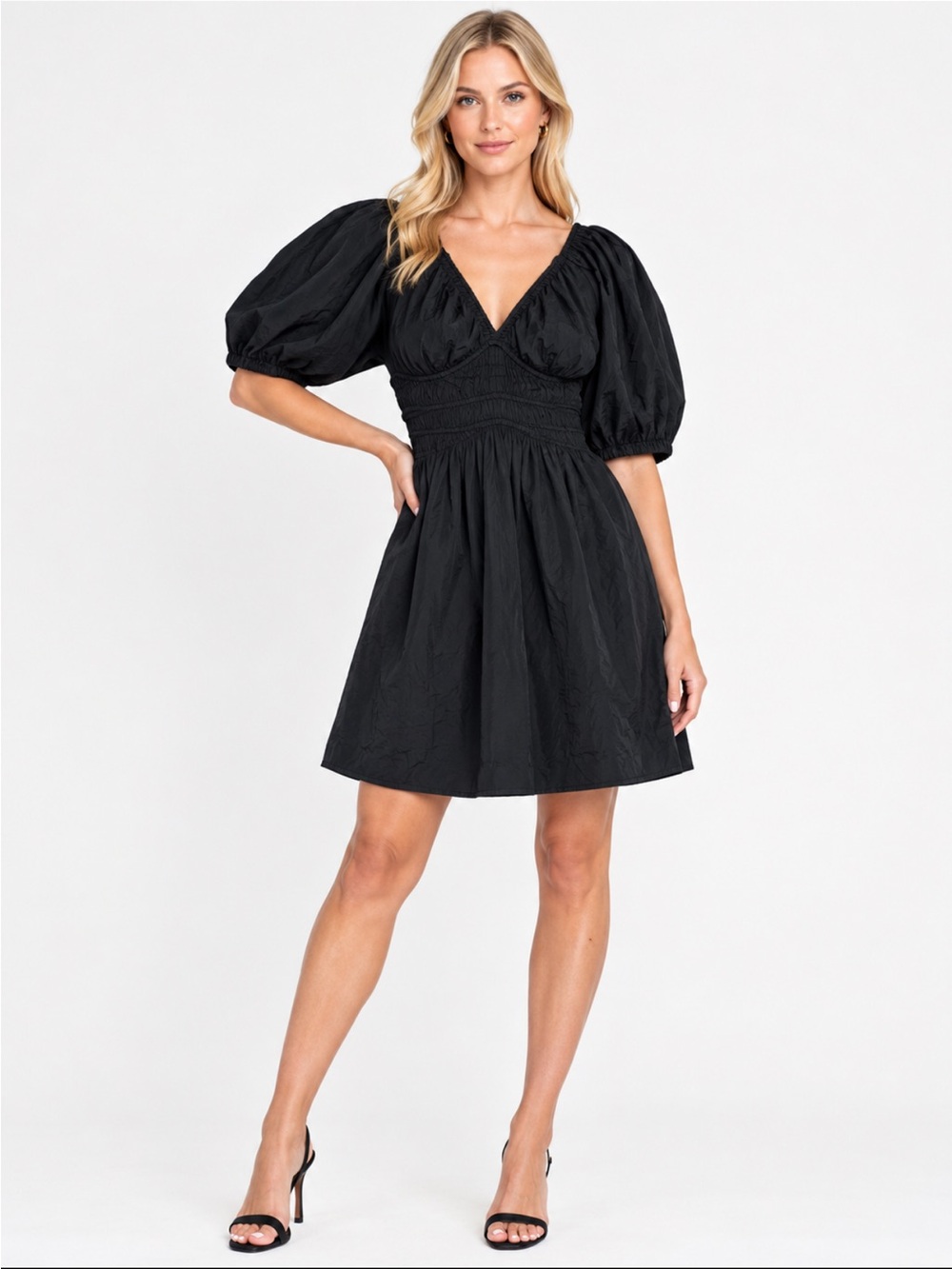 Old Navy Black Puff-Sleeve V-Neck Smocked Waist Mini Dress